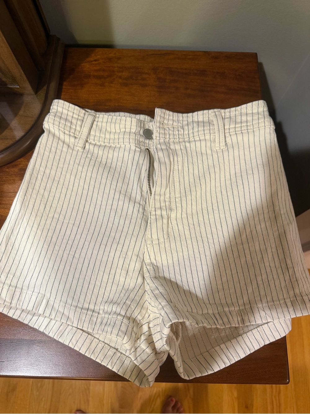 Universal Thread Cream High-Waist Shorts with Navy Pinstripes